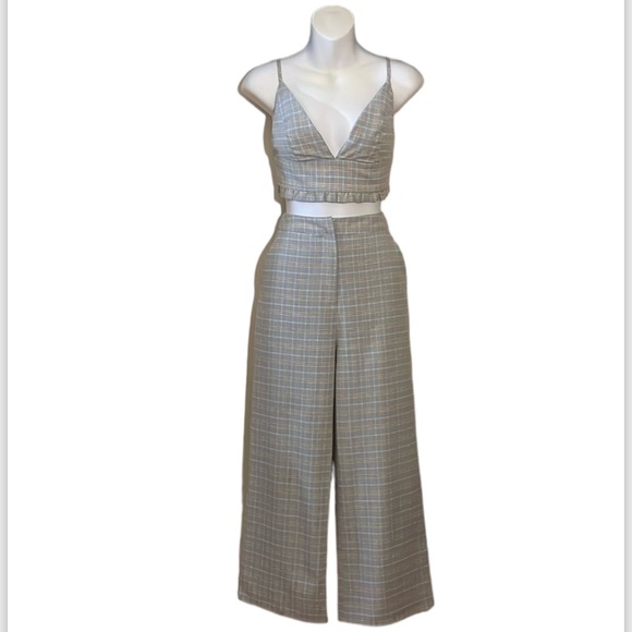 Blue Blush Blue and Brown Plaid Wide Leg Crop Top Outfit Size Small - Picture 7 of 16